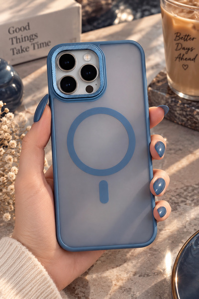 iPhone 16 Pro Max Uyumlu Premium Taşlı MagSafe Kılıf – Buz Mavisi, Şeffaf Mat Arka Yüzey, Kamera Korumalı