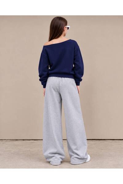 trendyears Kız Çocuk Lacivert Kayık Yaka NYC Baskılı Sweatshirt-Gri Bol Paça Eşofman Altı Takım