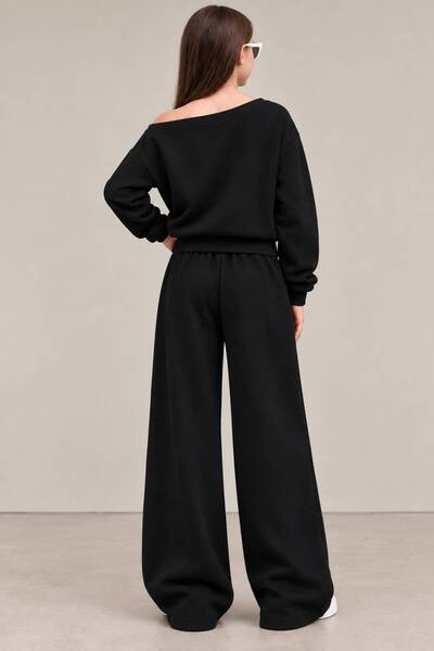 trendyears Kız Çocuk Siyah Kayık Yaka NYC Baskılı Sweatshirt-Siyah Bol Paça Eşofman Altı Takım