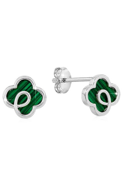 Larezo Cercei Damă Din Argint 925, Model Trifoi Cu Malachit Verde, Stil Modern
