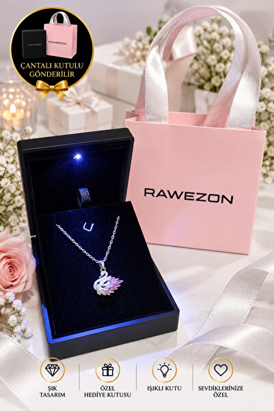 RAWEZON Işıklı Kutulu Çantalı Çelik Pembe Kuğu Kolye Zirkon Taşlı Sevgiliye H...