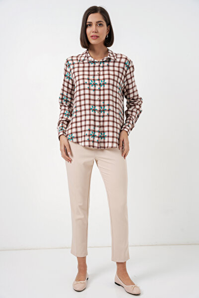 Modamorfo Women's Patterned Oversized Viscose Shirt 20371 - Brown