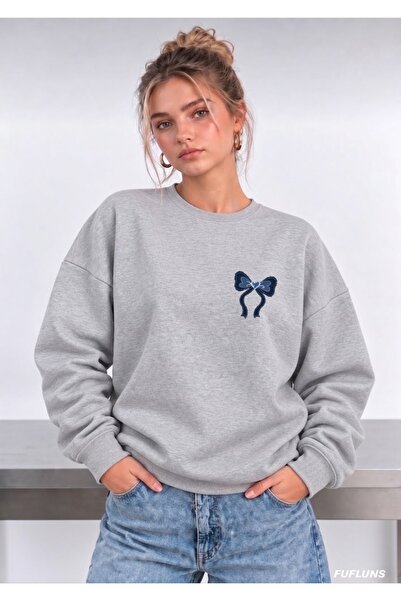 FUFLUNS Jeans Pattern Ribbon Printed Oversized Women's Crewneck Sweatshirt