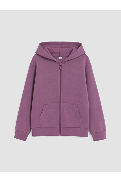 LC Waikiki Mürdüm Kapüşonlu Kız Çocuk Kalın Fermuarlı Sweatshirt