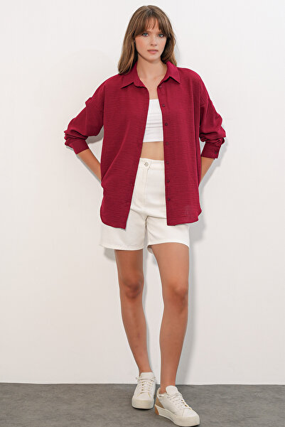 Modamorfo Women's Oversize Linen Shirt 20338 - Burgundy