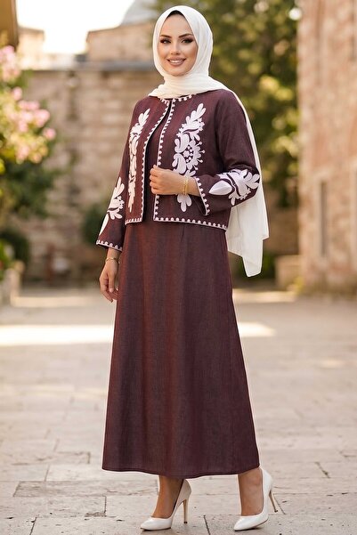 TOFİSA Nakışlı Ceket Elbise Kot İkili Takım Bordo - 28827-BORDO