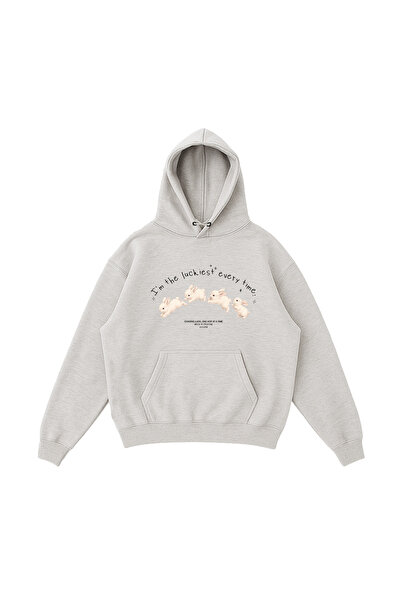 WHITE OF CREATIVE Kadın Kadın Luckiest Bunny Tavşan Baskılı Hoodie 3 İplik Ka...
