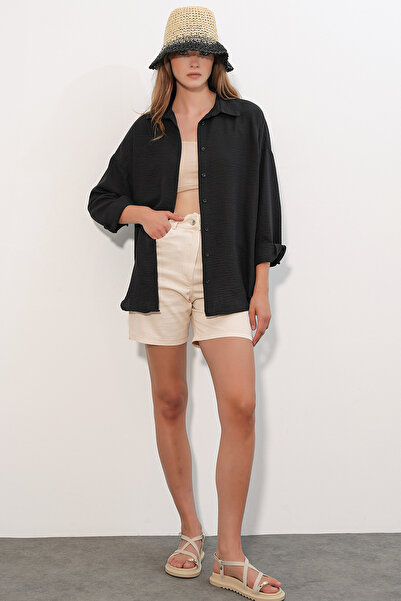 Modamorfo Women's Oversize Linen Shirt 20338 - Black