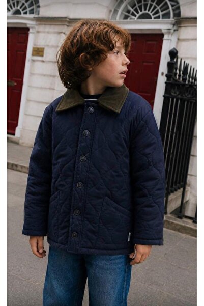 mirkidsclub Boy's Quilted Coat Navy Blue Velvet Collar Detailed Buttoned Seas...