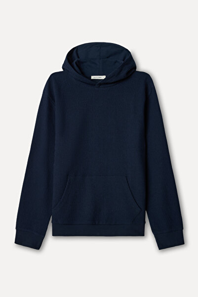 Mudo Men's Navy Blue Textured Hooded Sweatshirt