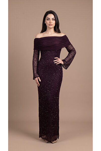 DVNA Luxury Burgundy Sequin Embroidery Off Shoulder Evening Dress