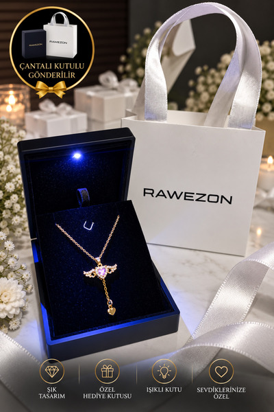 RAWEZON Işıklı Kutulu Gold Kanatlı Pembe Kalp Kolye Çantalı Sevgiliye Hediye ...