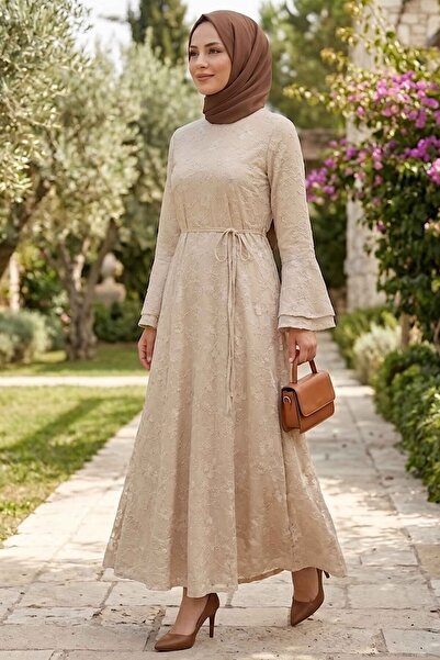 TOFİSA Nakış Detaylı Elbise Bej - 28815-BEJ