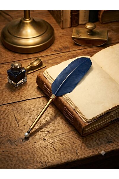 Hureggo Elegant Gold Detailed Midnight Blue Pearl Feather Ballpoint Pen - 22 cm