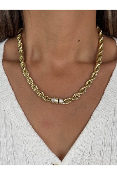 Tuysa Jewelry Önden Zirkon Kilit Detaylı Burgu Zincir Kolye