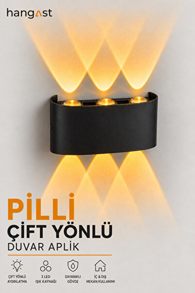 HANGAST OVAL Amber 3 LED Pilli Duvar Apliği Çift Yönlü Işık Siyah Dekoratif D...