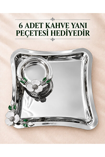 2Ddesign Çiçek Detaylı Şık Kahve Sunum Tepsisi ve Lokumluk - 12 Parça