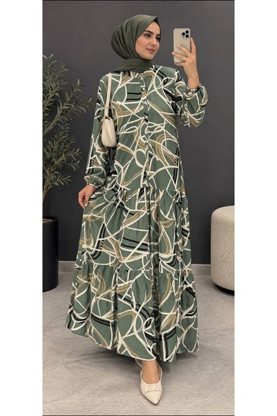 şıklık durağı Woven Viscose Fabric Full-Length Stand-Up Collar Front Buttoned Women's Tunic Dress