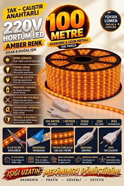 ECONA 100 Metre AMBER 220V Tak Çalıştır Anahtarlı Şerit LED - Metrede 240 LED...