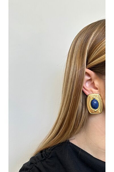 ELLY TAKI Gold Vintage Lacivert Taşlı Küpe