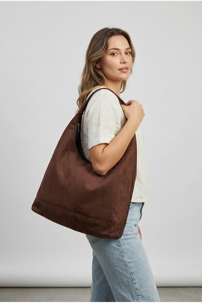 Baguar Women's Brown Suede Large Size Shoulder and Tote Bag - Large Volume