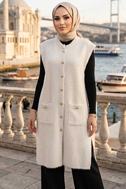 TOFİSA Sakalı Cepli Uzun Yelek Beyaz - 28903-BEYAZ