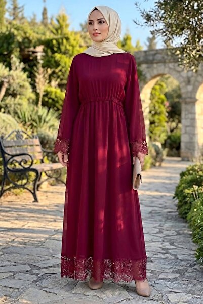 TOFİSA Şifon Güpürlü Elbise Bordo - 28817-BORDO
