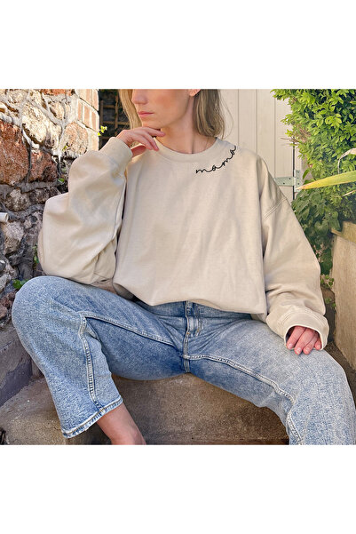 Jooy Mama Baskılı Kadın Bej Oversize Sweatshirt