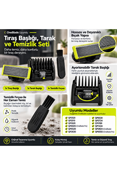 Supervac OneBlade Uyumlu Tıraş Başlığı Tarak ve Temizlik Fırçası Seti QP2520 ...