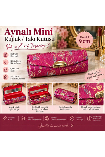 Atak Hediyelik Aynalı Mini Rujluk Takı Kutusu – Fuşya Desenli Çanta Formlu De...