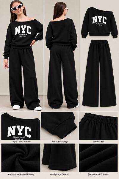 trendyears Kız Çocuk Siyah Kayık Yaka NYC Baskılı Sweatshirt-Siyah Bol Paça Eşofman Altı Takım