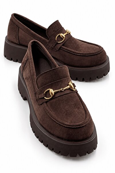 İX Funta Women's Suede Brown Suede Gold Metal Buckle Thick Threaded Sole Loaf...