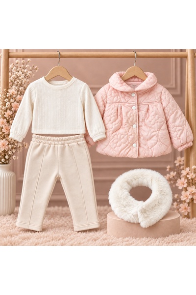 Pure Boutique Costum fetita 3 piese roz cu geaca matlasata si guler din blanita detasabila