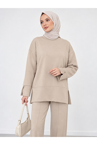 umtlifes Kadın Bej Yırtmaçlı Modal Kumaş Bisiklet Yaka Oversize Tesettür Tuni...