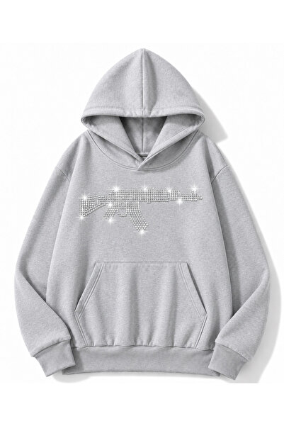 MOONBULL Erkek Tüfek Taş Baskılı 3 İplik Kışlık Kapüşonlu Kanguru Cepli Oversize Sweatshirt