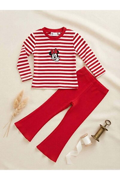 Minnie Mouse Baskılı Kırmızı Çizgili Fitilli İspanyol Paça Kız Çocuk Takım