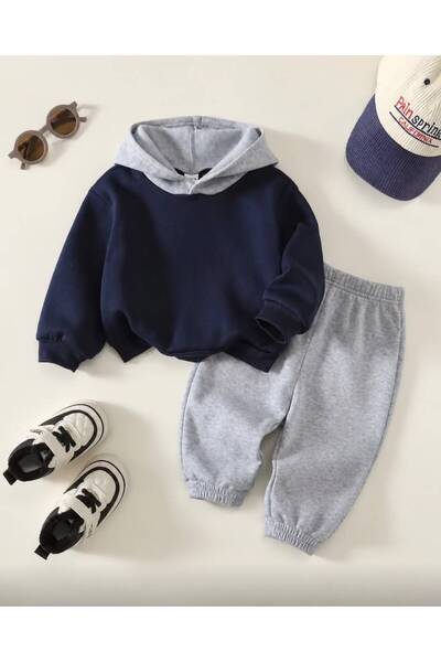 trendyears Kız-Erkek Çocuk Lacivert Kapşonu Gri Sırt Los Angeles Baskılı Sweatshirt- Gri Lastik Paça Eşofman Alt-Üst Takım
