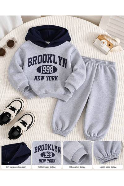 trendyears Kız-Erkek Çocuk Gri Kapşonu Lacivert Brookyln 1998 Baskılı Sweatshirt- Gri Lastik Paça Eşofman Alt-Üst Takım