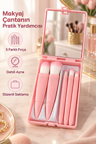 MUJGAN Profesyonel Taşınabilir Aynalı Makyaj Fırça Seti Açık Pembe