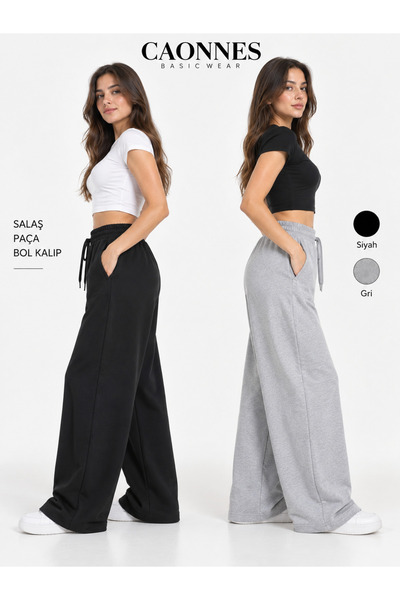 CAONNES Winter Women's 2-Piece Sweatpants (Black-Grey) Oversize Comfortable F...
