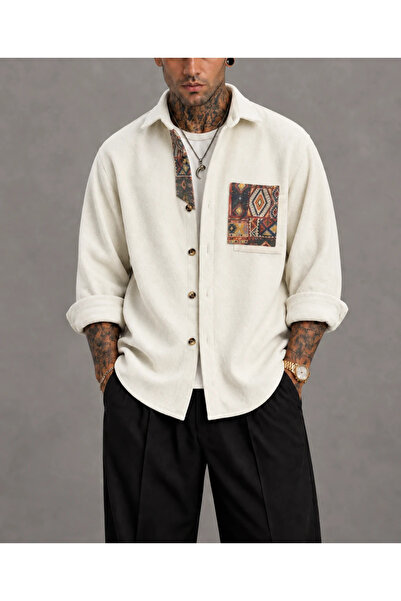 FıttingRoom Oversize Bohemian Cotton Fleece Off-White Shirt