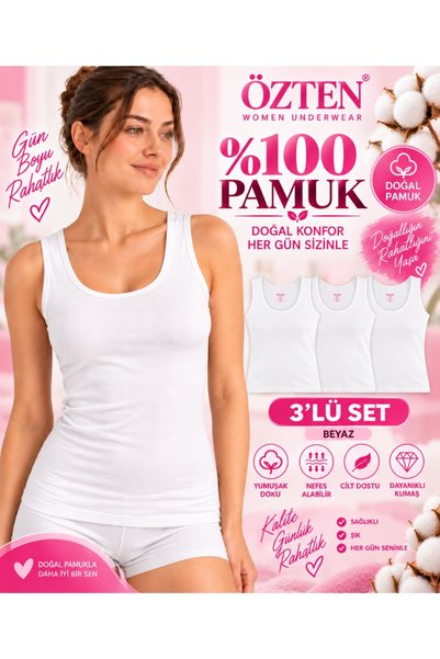UN REAL Özten Kadın Geniş Askılı Ribana %100 Pamuk Atlet 3’lü Paket