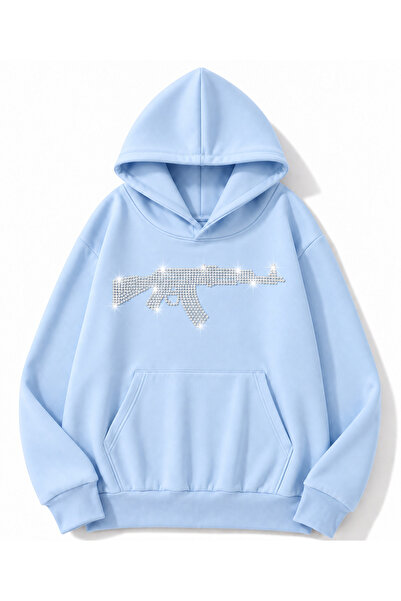 MOONBULL Erkek Tüfek Taş Baskılı 3 İplik Kışlık Kapüşonlu Kanguru Cepli Oversize Sweatshirt