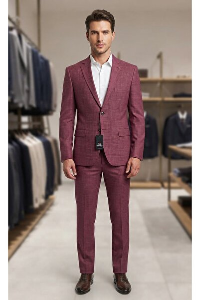 SABRİ ZENGİN Men's Pink Slim Fit Filafil Fabric 2 Piece Suit