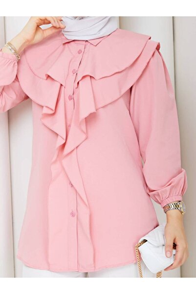 NEW JOURNAL Women's Pink Layered Collar Shirt with Flounces on the Front Asf401