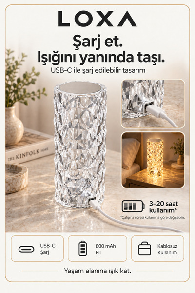LOXA Kristal Görünümlü RGB LED Masa Lambası, Dokunmatik ve Kumandalı USB-C Şarjlı Dekoratif Gece Lambası