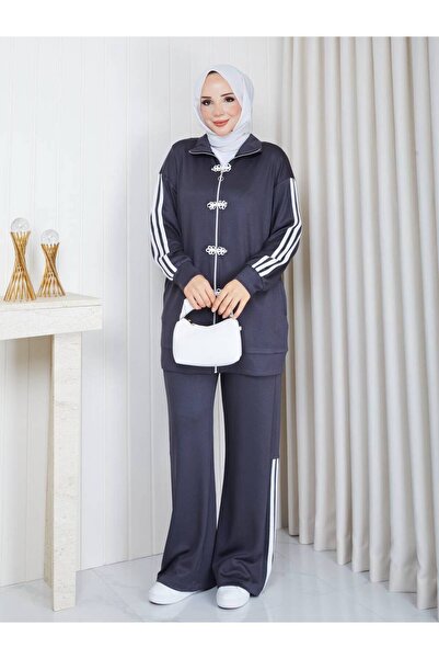 NEW JOURNAL Women's Anthracite Front Floral Buckle Striped Oysho Sports Set A...