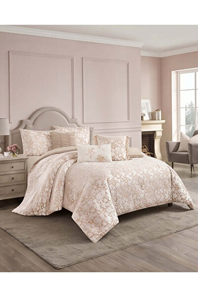REDTAG Beige Floral Velvet Jacquard Comforter Set (7 Piece, Super King Size)