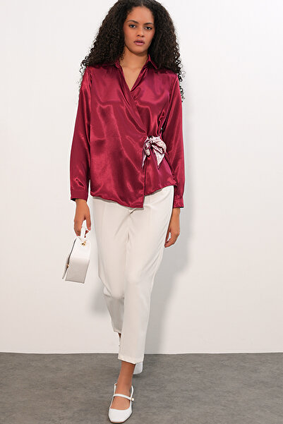 Modamorfo Women's Double-Breasted Satin Shirt 20386 - Burgundy