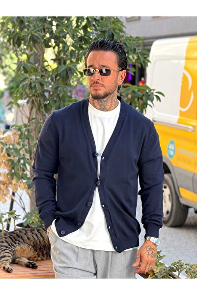 manch collection Regular Fit Basic Buttoned Cardigan Navy Blue 2796